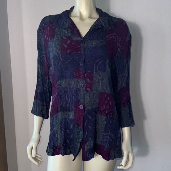 Vintage 90’s Purple Oversized Short Sleeve Button Down Funky Print Short Sleeve - Picture 8 of 11